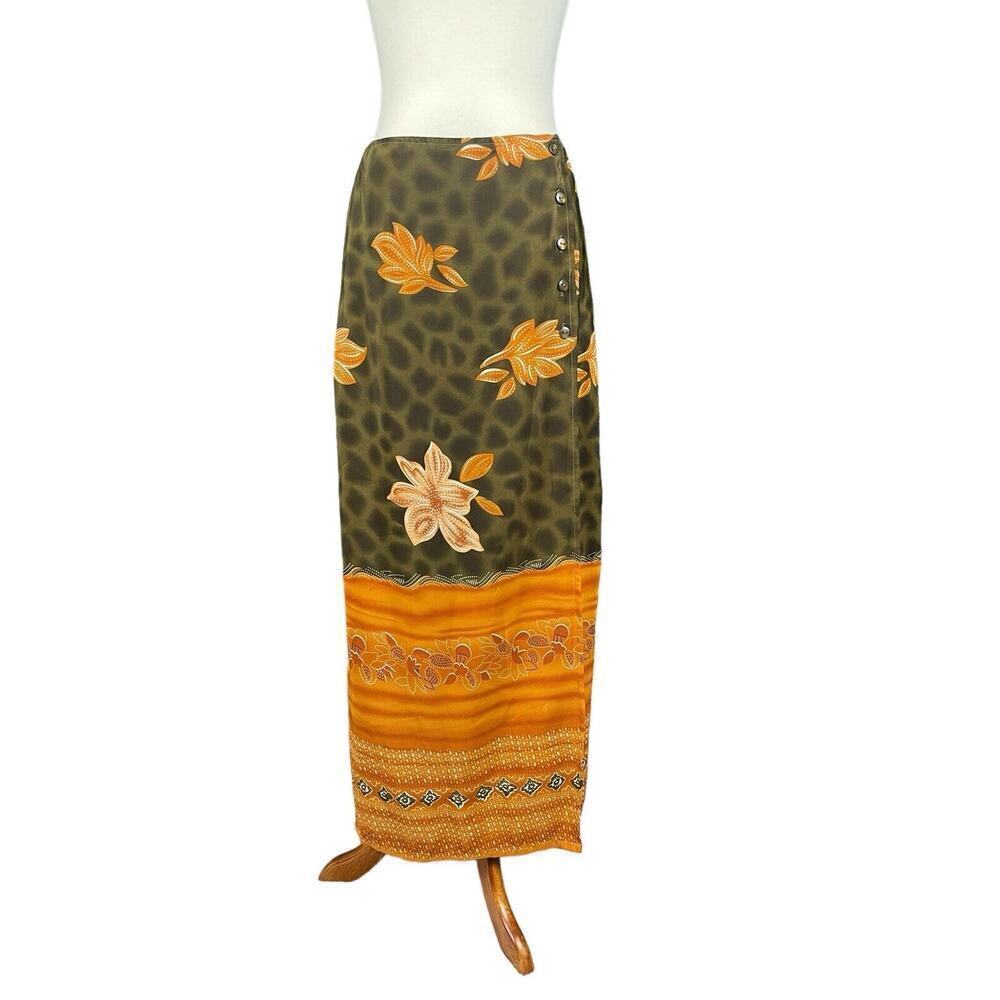 Marla Kim Wrap Maxi Skirt Olive Green & Rust Women Size Large Vintage